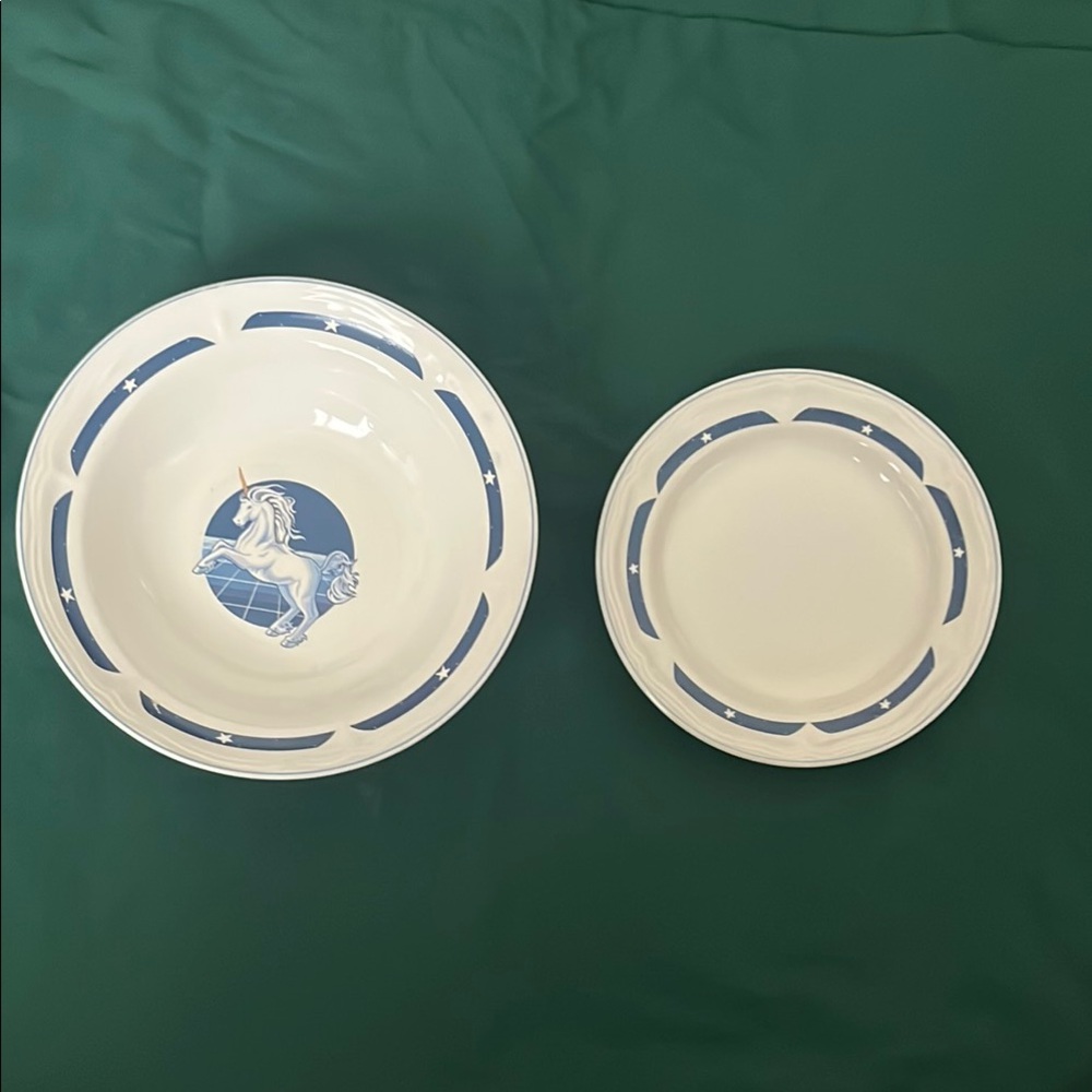 Tienshan Stoneware unicorn serving bowl and plate